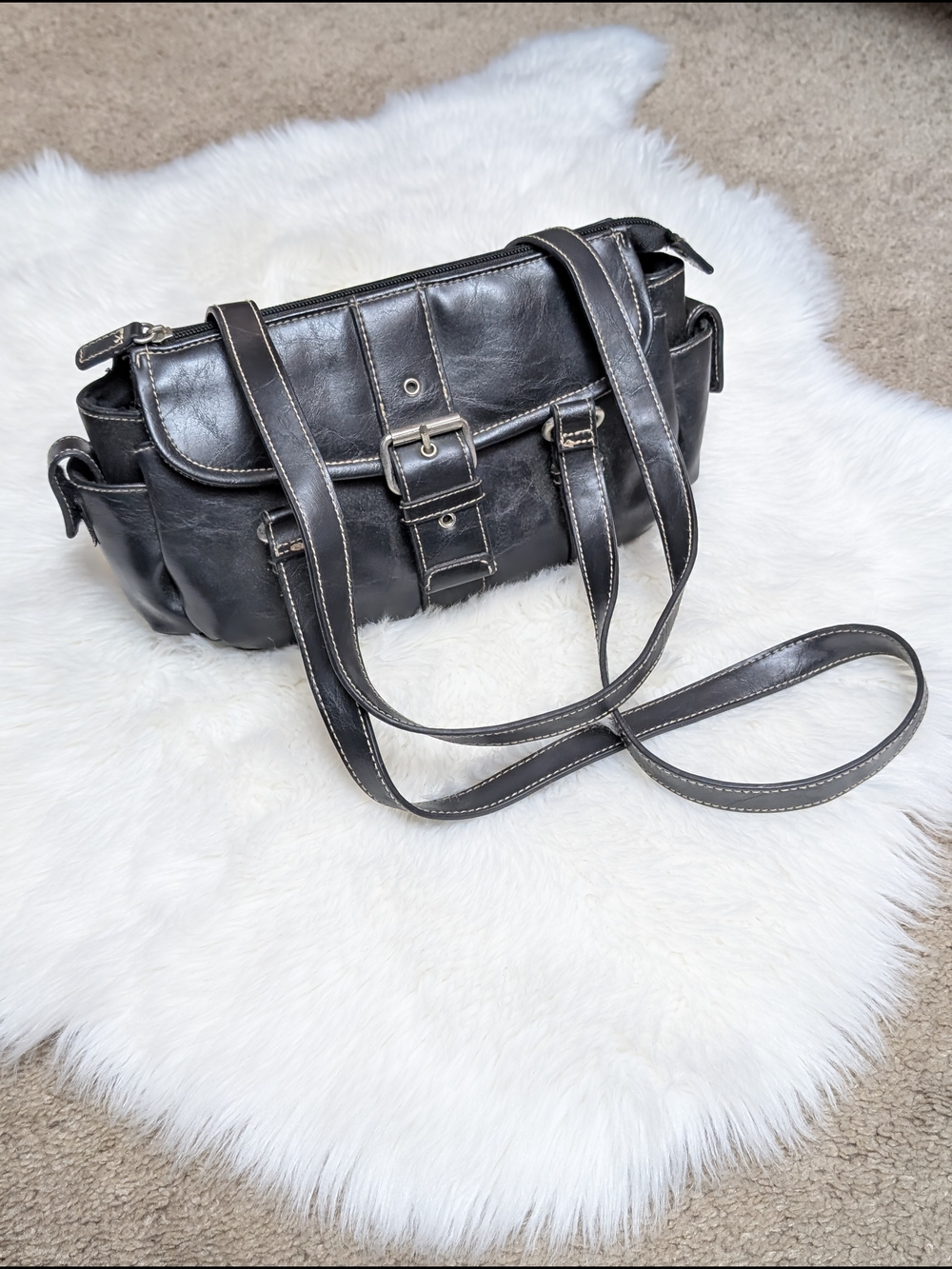 Small Black Vinyl Shoulder Bag with Buckle Detail - Picture 2 of 13